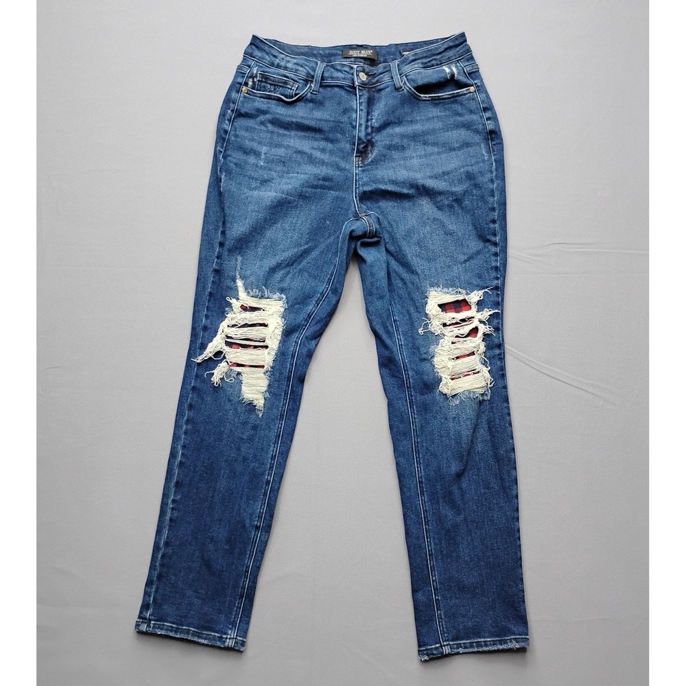 Judy Blue Distressed Plaid Patch Boyfriend Jeans Medium Wash 14W JB88706
